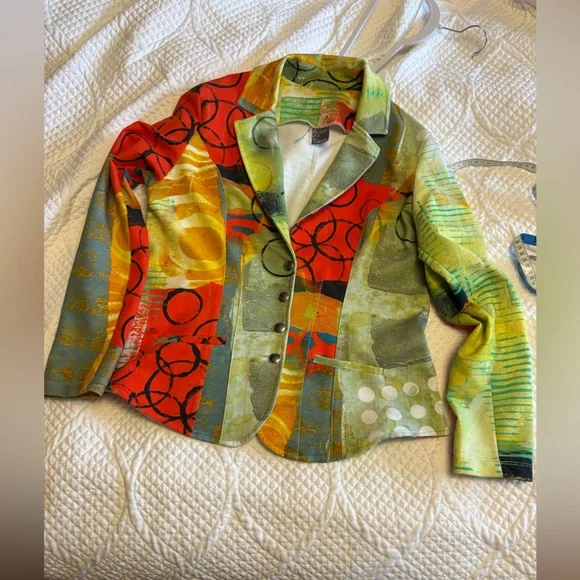 Colorful Abstract Women's Jacket, Simply Art Jacket Multicolor Geometric Pattern - Picture 5 of 8